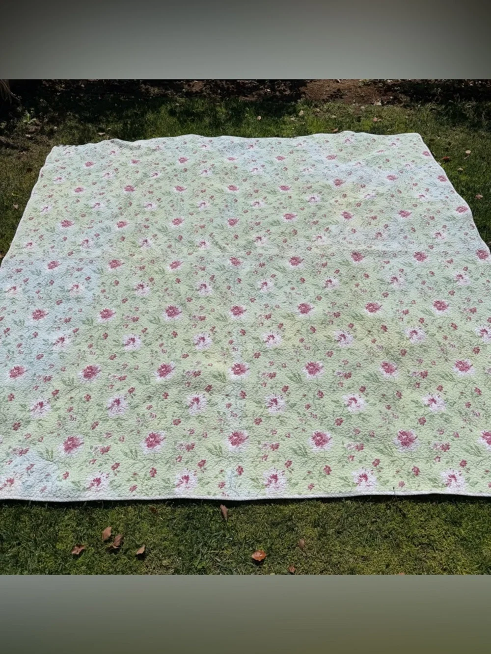 VTG Laura Ashley Reversible Floral Quilt Green Pink Roses Stripes 84x86 FLAWS